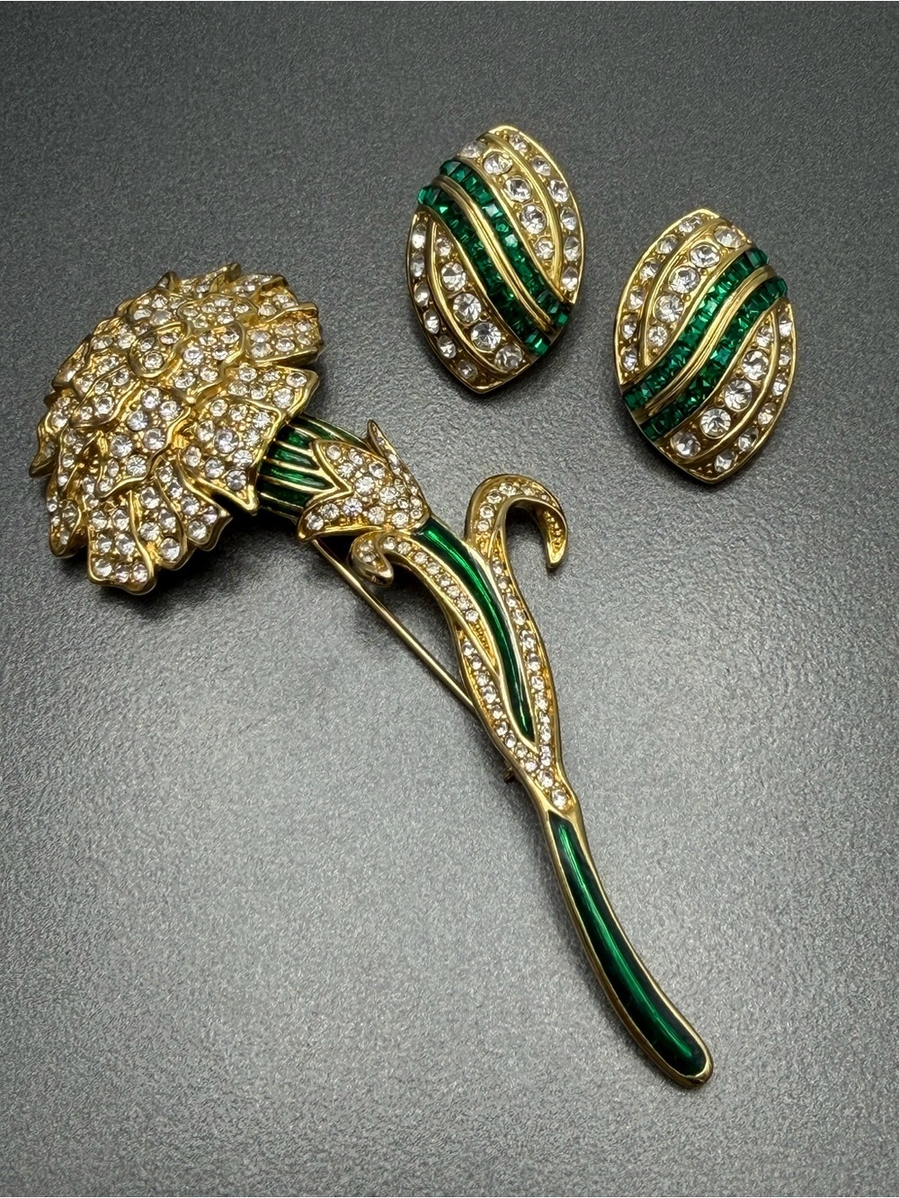 Nolan Miller Gold Green Enamel Floral Brooch and Clip-On Earring Set